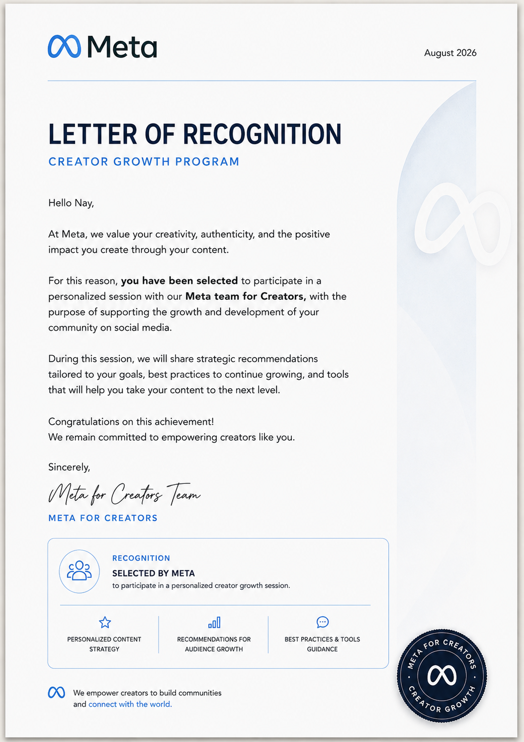 Carta de reconocimiento de Meta